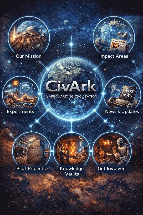 CivArk website content map illustration with key site sections connected to CivArk.